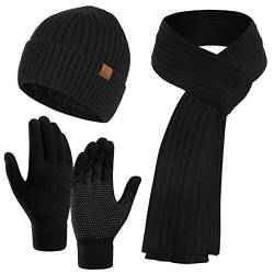 Mütze Schal Handschuhe Set Warm StrickmüTze Hut Lang Schal Touchscreen Handschuh Winter Accessoires für Herren Damen von Kunyeah