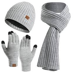 Mütze Schal Handschuhe Set Warm StrickmüTze Hut Lang Schal Touchscreen Handschuh Winter Accessoires für Herren Damen von Kunyeah