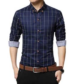 Kuson Hemd Herren Regular Fit Karohemd Langarm Kariert Bügelleicht Baumwolle mit Button-down, EU Größen: M/Navyblau von Kuson