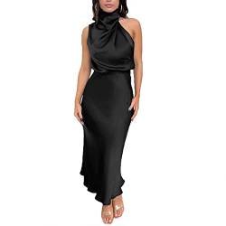 Kuukaas Abendkleid Damen Satin Cocktailkleid Damen Lang Satin Kleid Damen Elegant Festliche Kleider Ärmellos Für Damen Sommerkleid Damen Elegant Schwarz XL von Kuukaas