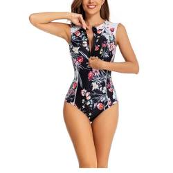 Kuukaas Badeanzug Damen Blumen Badeanzug mit Reissverschluss Damen Badeanzug Damen Bauchweg Bademode Damen Push Up Schwimmanzug Damen Einteiler S von Kuukaas