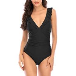 Kuukaas Badeanzug Damen Schwarz Badeanzug Damen Bauchweg Badeanzug Damen Push Up Bademode Swimsuit Damen V Ausschnitt Urlaubskleidung für Damen XL von Kuukaas