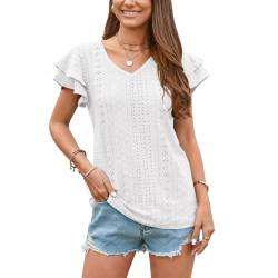 Kuukaas Basic Shirt Damen Weiß T-Shirt Damen Kurzarm Blusenshirt Damen Sommer V Ausschnitt Casual Top Oberteile Loose Fit Tshirt Damen Sommer XL von Kuukaas
