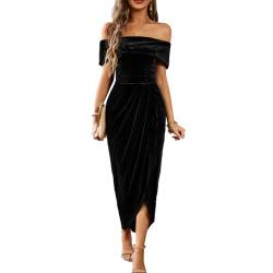 Kuukaas Kleid Winter Damen Elegant Weihnachtskleid Schwarz Damen Samtkleid Damen Lang Kleid Festlich Damen Schulterfreies Enges Abendkleid Cocktailkleid M von Kuukaas