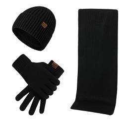 Kuukaas Mütze, Schal & Handschuh-sets für Herren Damen Wintermütze mit Innenfutter Herren Damen Touchscreen Handschuhe Winter Warm Set von Kuukaas