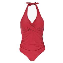 Kuukaas Neckholder Badeanzug Damen Badeanzug Damen Bauchweg Bademode Swimsuit Damen V Ausschnitt Badeanzug Damen Push Up Strandmode Damen Sommer Rot XL von Kuukaas