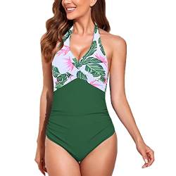 Kuukaas Neckholder Badeanzug Damen Grün Badeanzug Damen Bauchweg Bademode Swimsuit Damen V Ausschnitt Badeanzug Damen Push Up Strandmode Damen Sommer XL von Kuukaas