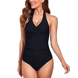 Kuukaas Neckholder Badeanzug Damen Schwarz Badeanzug Damen Bauchweg Bademode Swimsuit Damen V Ausschnitt Badeanzug Damen Push Up Strandmode Damen Sommer XXL von Kuukaas