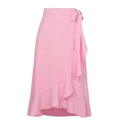 Kuukaas Rock Damen Sommer Boho Wickelrock Damen Lang Sommerrock Damen High Waist Strandrock Ruffle Flowy Rock Midi Länge Damen Rosa L von Kuukaas