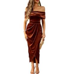 Kuukaas Samtkleid Damen Braun Winterkleid Damen Elegant Schulterfreies Kleid Damen Festlich Bodycon Cocktailkleid für Herbst Winter Weihnachtskleid S von Kuukaas