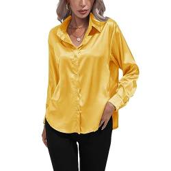 Kuukaas Satin Bluse Damen Elegant Gelb Hemd Damen Langarm Business Oberteil Langarm Damen Einfarbig Büro Damen Outfits Langarmshirt Damen Elegant L von Kuukaas