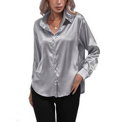 Kuukaas Satin Bluse Damen Elegant Grau Hemd Damen Langarm Business Oberteil Langarm Damen Einfarbig Büro Damen Outfits Langarmshirt Damen Elegant M von Kuukaas