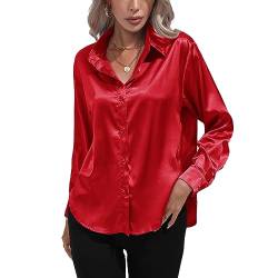 Kuukaas Satin Bluse Damen Elegant Rot Hemd Damen Langarm Business Oberteil Langarm Damen Einfarbig Büro Damen Outfits Langarmshirt Damen Elegant XXL von Kuukaas