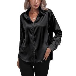 Kuukaas Satin Bluse Damen Elegant Schwarz Hemd Damen Langarm Business Oberteil Langarm Damen Einfarbig Büro Damen Outfits Langarmshirt Damen Elegant M von Kuukaas