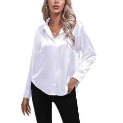 Kuukaas Satin Bluse Damen Elegant Weiß Hemd Damen Langarm Business Oberteil Langarm Damen Einfarbig Büro Damen Outfits Langarmshirt Damen Elegant XXL von Kuukaas