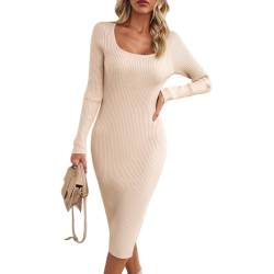 Kuukaas Strickkleid Damen Langarm Bodycon Midi Kleid Damen Elegant Automn Winter Kleid Damen Quadratischer Ausschnitt Beige Pulloverkleid mit Schlitz S von Kuukaas