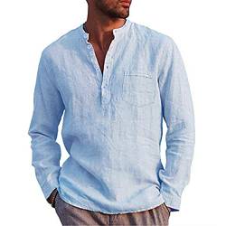 Kuulee Herren Henley Shirt Leinenhemd Frühling Sommer Hemd Langarm Regular Fit Freizeithemd Shirts Mit Tasche Blau M von Kuulee