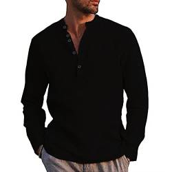 Kuulee Herren Henley Shirt Leinenhemd Frühling Sommer Hemd Langarm Regular Fit Freizeithemd Shirts Mit Tasche Schwarz L von Kuulee