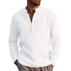 Kuulee Herren Henley Shirt Leinenhemd Frühling Sommer Hemd Langarm Regular Fit Freizeithemd Shirts Mit Tasche Weiß XXL von Kuulee