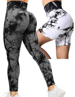 2er Pack Scrunch Butt Sport Leggings Damen Lang&Shorts, Push Up High Waist Blickdicht Po Booty Seamless Leggins für Sport Gym Yoga Alltag (as3, alpha, l, regular, regular, B01-2x Schwarz&Weiß) von Kuzimua