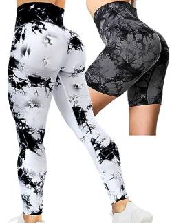 2er Pack Scrunch Butt Sport Leggings Damen Lang&Shorts, Push Up High Waist Blickdicht Po Booty Seamless Leggins für Sport Gym Yoga Alltag (as3, alpha, s, regular, regular, B02-2x Weiß&Schwarz) von Kuzimua