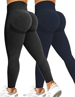 Kuzimua 2er Pack Scrunch Butt Sport Leggings Damen, Push Up High Waist Blickdicht Po Booty Seamless Lang Leggins für Sport Fitnesshose Gym Yoga Alltag (L, B02 Schwarz+Dunkelblau) von Kuzimua