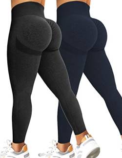 Kuzimua 2er Pack Scrunch Butt Sport Leggings Damen, Push Up High Waist Blickdicht Po Booty Seamless Lang Leggins für Sport Fitnesshose Gym Yoga Alltag (M, B02 Schwarz+Dunkelblau) von Kuzimua