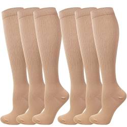 Kuzimua 6 Paar Kompressionsstrümpfe Kniestrümpfe Stützstrümpfe Laufsocken für Damen & Herren, Sport, Laufen, Flug, Reisen, Schwangerschaft, Medizinische Kompressionssocken (M, Braun) von Kuzimua