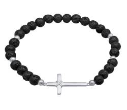 Kuzzoi Buddha Herren Armband Naturstein Perlenarmband Lava 6 mm Kreuz 925 Sterling Silber Echtes Steinarmband für den Mann Länge 23 cm von Kuzzoi