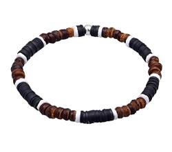 Kuzzoi Buddha Herren Armband aus Heishi und Kokosnuss Holz Perlen (6 mm) mit oxidierten 925 Sterling Silber Elementen Muschel Beads Armband für den Mann elastisch, Länge 19 cm von Kuzzoi