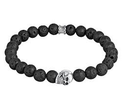 Kuzzoi Buddha Herren Armband mit Lava Stein (schwarz) Schmuckstein-Perlen, Totenkopf Bead aus 925 Sterling Silber, Chakra Yogaarmband, Energiearmband, Länge 19 cm von Kuzzoi