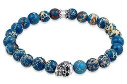 Kuzzoi Buddha Herren Armband mit blauem Achat Edelstein Perlen und Totenkopf in 925 Sterling Silber Anhänger, Yogaarmband, Energiearmband, Länge 21 cm, elastisch, 0205930619 von Kuzzoi