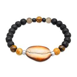 Kuzzoi Buddha Herren Naturstein Armband elastisch aus Lava- und Tigerauge Perlen (8 mm) mit oxidierten 925 Sterling Silber Elementen und einer Kauri Muschel Surferarmband Länge 21 cm von Kuzzoi