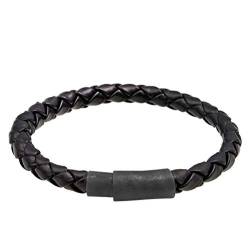 Kuzzoi Buddha Lederarmband für Herren, handgefertigtes Männer Leder Armband aus 925 Sterling Silber oxidiert, Herren-Armband Leder schwarz geflochten (6 mm), Magnet Verschuss, Länge 19 cm von Kuzzoi