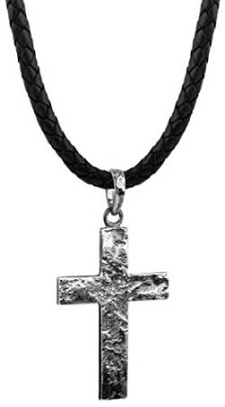 Kuzzoi Männer Lederhalskette mit Kreuz Anhänger aus massiven 925 Sterling Silber, Kette aus geflochtenem Rinderleder in schwarz, Dicke 5,5mm, markante Exklusive Herren Ketten mit Anhänger ZOI-001-55 von Kuzzoi