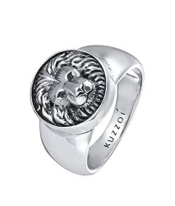 Kuzzoi Siegelring Herrenring rund, massiv 15 mm breit in 925 Sterling Silber, Biker Ring oxidiert mit Löwenkopf, Retro Symbol Ring für Männer, Ringgröße 60 von Kuzzoi