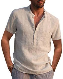 Kvruhuiy Baumwolle Leinenhemd Herren Sommer Strand Kurzarm Hemd Kurzarm Freizeithemd Casual Yoga Tops Khaki M von Kvruhuiy