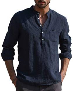 Kvruhuiy Freizeithemd Herren Hemden Leinenhemd Henley Läng Ärmel Reguläre Passform Casual Shirt Marine L von Kvruhuiy