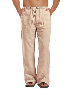 Kvruhuiy Herren Baumwolle Leinenhose Lang Freizeithose Strand Sommerhose Casual Kordelzug Hosen Khaki 3XL von Kvruhuiy