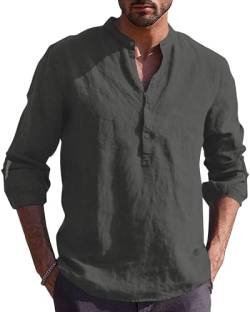 Kvruhuiy Herren Henley Hemden Leinenhemd Freizeithemden Männer Länge Ärmel Sommerhemd Strandhemd Dunkelgrau 3XL von Kvruhuiy