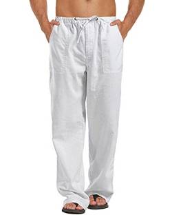 Kvruhuiy Herren Hosen Leinenhosen Baumwolle Freizeithose Casual Yoga Hose Strandhose Sommerhose Weiß XL von Kvruhuiy