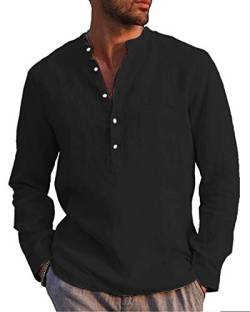 Kvruhuiy Herren Leinen Baumwolle Henley Shirt Casual Roll-up Langarm Yoga Tops T-Shirts Schwarz 3XL von Kvruhuiy