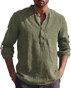 Kvruhuiy Leinenhemd Herren Hemd Freizeithemd Henley Shirts Tops Länge Ärmel Sommer Strand Hemd Armeegrün M von Kvruhuiy