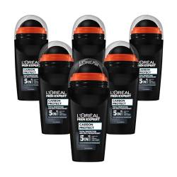 L'Oréal Men Expert 5-in-1 Deoroller für Männer, Deo Roll-On gegen starken Schweißgeruch, Schwitzen, Achselnässe und weiße Rückstände, Herren 48H Deodorant ohne Alkohol, Carbon Protect, 6 x 50 ml von L'Oréal Men Expert