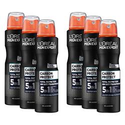 L'Oréal Men Expert Deo für Männer, 5-in-1 Deospray gegen Geruchsbildung, Nässe, Bakterien und weiße Rückstände für bis zu 48 Stunden Frische, Carbon Protect, 6 x 150 ml von L'Oréal Men Expert