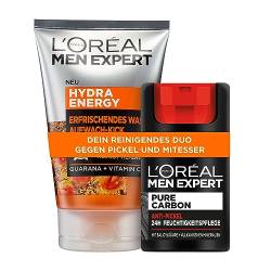 L'Oréal Men Expert Gesichtspflegeset für Männer, Gesichtsreinigung (100ml) + Anti-Pickel Feuchtigkeitspflege (50ml), Erfrischende und Reinigende Männerpflege, Hydra Energy + Pure Carbon Set von L'Oréal Men Expert