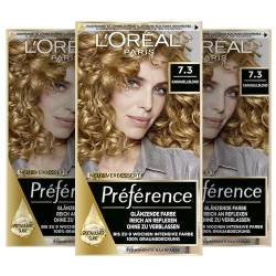 L'Oréal Paris Permanente Haarfarbe, Haarfärbeset mit Coloration und Farbglanz-Pflegebalsam, Préférence, 7.3 Karamellblond, 3er Set von L'Oréal Paris