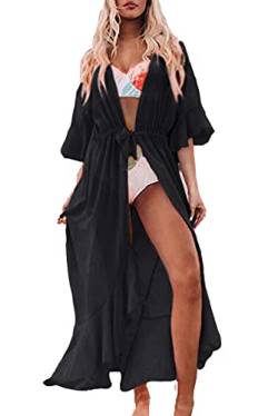 L-Peach Damen Spitze Blumen Langes Kleid Strandkleid Pareo Kimono Cover ups One Size von L-Peach