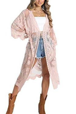 L-Peach Damen Spitze Blumen Langes Kleid Strandkleid Pareo Kimono Cover ups One Size von L-Peach