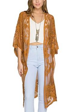 L-Peach Damen Spitze Blumen Langes Kleid Strandkleid Pareo Kimono Cover ups One Size von L-Peach